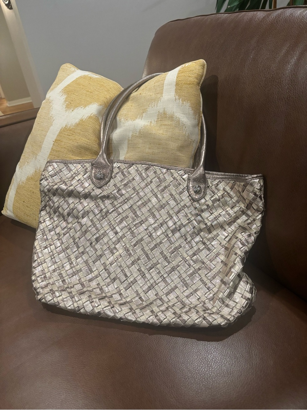 Elliott Lucca Metallic Large Silver and Copper Woven Shoulder Tote Bag